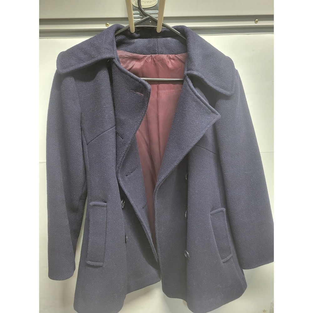 Vintage‎ Navy Blue Wool Blend Double Breasted Pea Coat Burgundy Lining Small USA